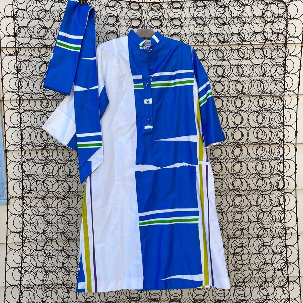 VTG 1970's Catherine Ogust for Penthouse Gallery blue white gold stripe dress S